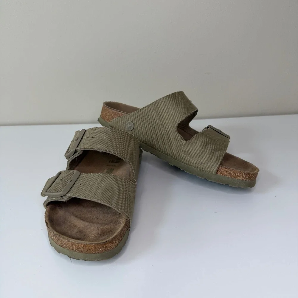 Birkenstock Arizona Women 38N Vegan Olive Double Strap Buckle Slides Boho